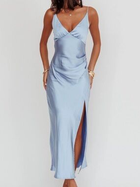Selfie Leslie Light Blue Satin Slip Maxi Dress with Side Slit